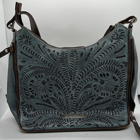 American West Gorgeous Light Blue/Brown Floral Leather Shoulder Bag Purse 🌸🌸 - Picture 2 of 14